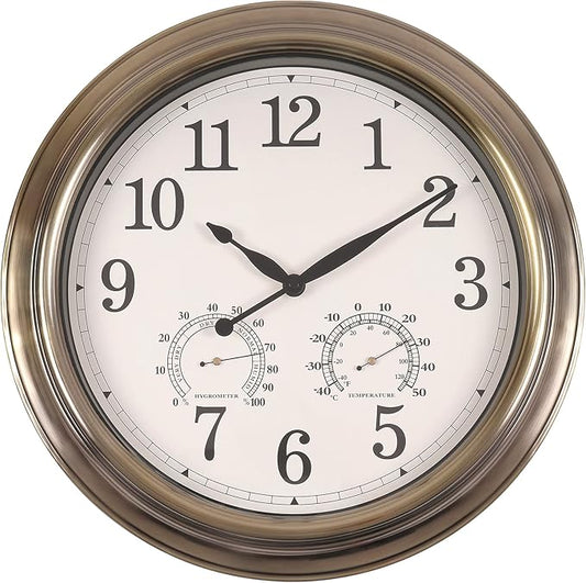 16 Inch Outdoor Clocks, Metal-Frame Outdoor Clocks Waterproof, Silent Outdoor Wall Clock for Patio Pool, Bronze