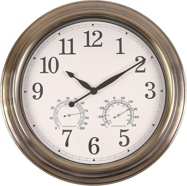 16 Inch Outdoor Clocks, Metal-Frame Outdoor Clocks Waterproof, Silent Outdoor Wall Clock for Patio Pool, Bronze