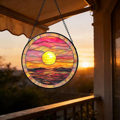 DASTOLL Stained Glass Window Hanging, Sunrise Sea Surface Sun Catchers Diamond Glass Panel Hangings Abstract Suncatcher Decor for Birthday for Women, Men, Wife, Aunt, and Mom 7.8 in