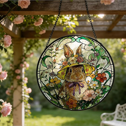Spring Flower Easter Bunny Stained Glass Window Hanging, Rustic Wildflower Hat Rabbit Suncatcher Indoor Window Glass Round Wall Art Decor, 7.9x7.9 Inch