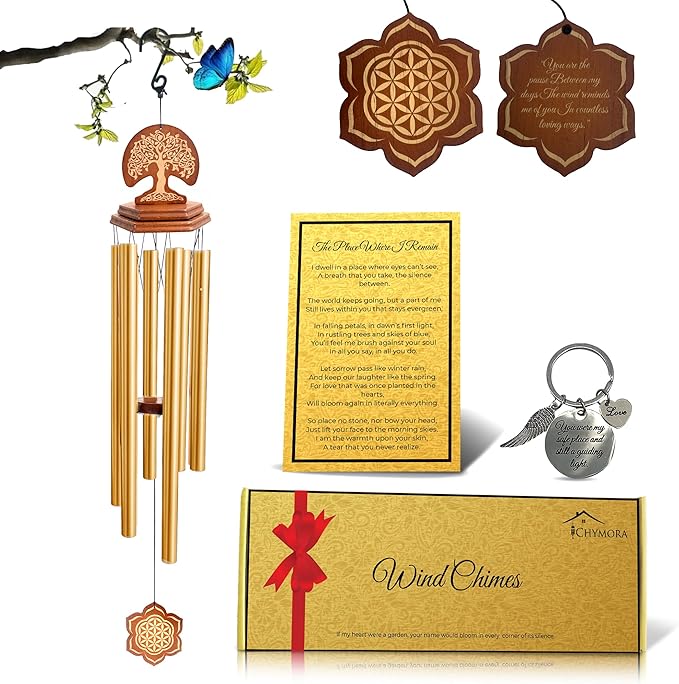 Wind Chimes Outdoor - Sympathy Gift for Loss of a Loved one, 36" Funeral Gift Includes a Letter from Heaven & Keepsake Keychain, Deep Toned, Double Sided Engraving Hexagonal Pendant - Golden