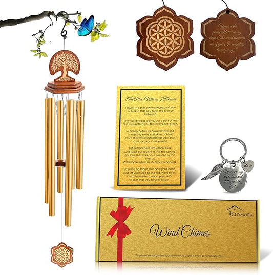 Wind Chimes Outdoor - Sympathy Gift for Loss of a Loved one, 36" Funeral Gift Includes a Letter from Heaven & Keepsake Keychain, Deep Toned, Double Sided Engraving Hexagonal Pendant - Golden