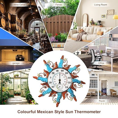 pealstar Waterproof Indoor Outdoor Thermometer 13 Inch Large Wall Thermometer with Hygrometer Decorative Metal Sun Outdoor Thermometers for Patio Garden Yard Living Room Decor