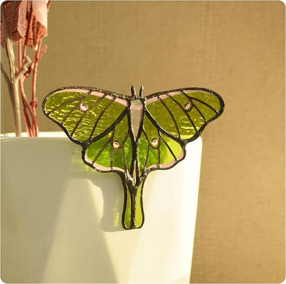 Lolitarcrafts Stained Glass Butterfly Suncatcher-Monarch or Luna Moth Design for Indoor and Outdoor Plant Decoration,Colorful Glass Plant Pot Ornament, Plant Lovers Gifts (Green Luna Moth)
