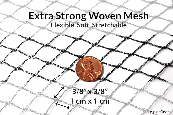 AlpineReach Koi Pond Netting Kit 40 x 40 ft Black Heavy Duty Woven Fine Mesh Net Cover for Leaves - Protects Koi Fish from Blue Heron Birds, Cats & Predators – Reusable & Stakes Included