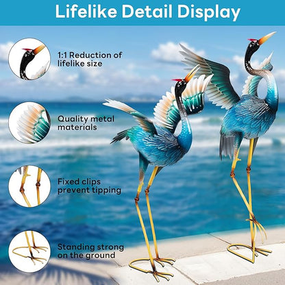 Garden Statues Large Metal Crane Sculptures, Outdoor Heron Metal Statue Yard Art for Garden Decor, Realistic Bird Art for Outdoor Decor, Standing Lifelike, Water&Rust-Proof, Set of 2 Sky Blue