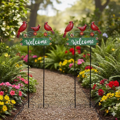 42.5inch Cardinal Garden Stake with Welcome Yard Sign and Metal Flowers for Outdoor Garden Decor, Cardinal Yard Decor for Outdoor Lawn Ornaments