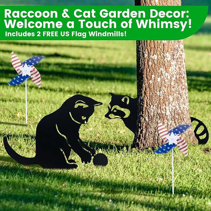 Decorative Garden Stakes, Animal Silhouette Set of 2-12 Inch Rust-Resistant Metal Cat & Raccoon Decor for Outdoor Yard and Lawn