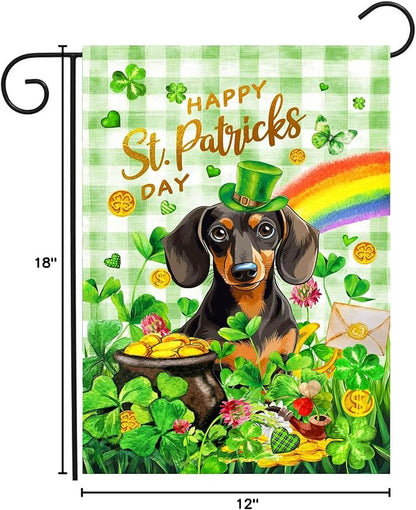 Dachshund St Patricks Day Garden Flag Dog St Patrick's Day Yard Flags for Outside 12x18 Double Sided Buffalo Plaid Shamrock Flag Small Outdoor Rainbow St Patrick's Decor