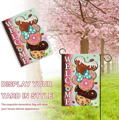 Welcome Cute Donuts Decorative Garden Flag, Pink Sweet Doughnut Chocolate Candy Yard Outside Decorations, Funny Burlap Outdoor Small Home Decor Double Sided 12 x 18
