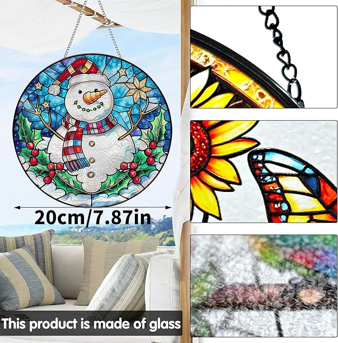 VAIIEYO Christmas Sun Catcher Stained Glass Window Hanging Ornament, Handmade Sun Catcher Snowman Decoration with Hooks for Window Garden Home, Christmas & Birthday Housewarming Gift (7.8 inch)