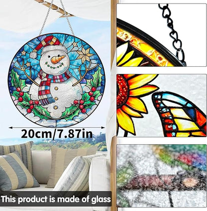 VAIIEYO Christmas Sun Catcher Stained Glass Window Hanging Ornament, Handmade Sun Catcher Snowman Decoration with Hooks for Window Garden Home, Christmas & Birthday Housewarming Gift (7.8 inch)