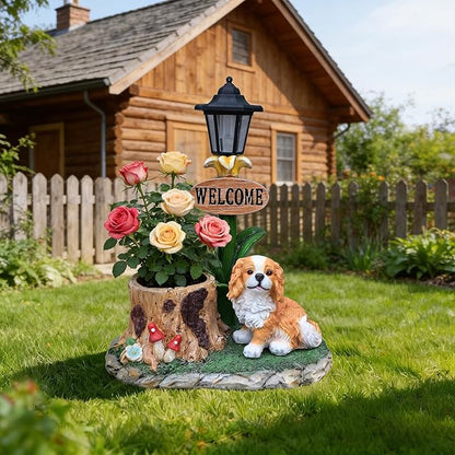 Solar Garden Statue with Planter & Solar Lantern, Outdoor Resin Animal Sculpture, Waterproof Yard Lawn Decor Pot for Succulents, Front Porch Ornament Housewarming Gift (King Charles Spaniel)