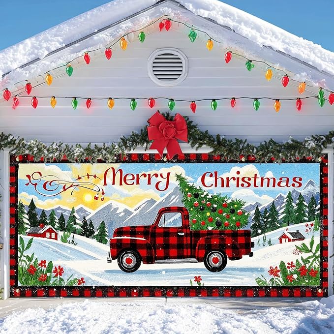 IVN Christmas Garage door banner Red Plaid Truck Christmas Tree Winter Mountain Scene Door Cover Indoor And Outdoor Studio Background Hanging Decoration 13x6ft