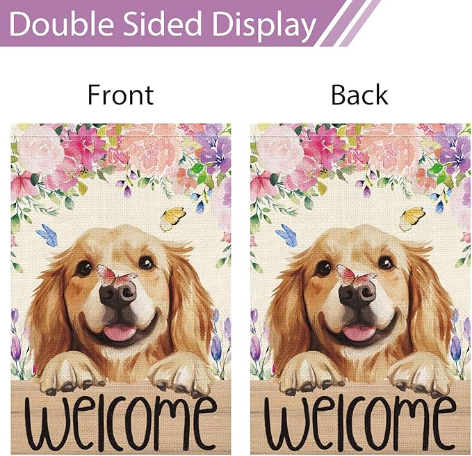 Heyfibro Welcome Spring Summer Flower Garden Flag 12x18 Inch Double Sided Burlap,Cute Golden Retriever Dog Butterfly Yard Flag for Seasonal Holiday Farmhouse Outdoor Decor(ONLY FLAG)