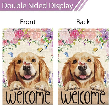 Heyfibro Welcome Spring Summer Flower Garden Flag 12x18 Inch Double Sided Burlap,Cute Golden Retriever Dog Butterfly Yard Flag for Seasonal Holiday Farmhouse Outdoor Decor(ONLY FLAG)