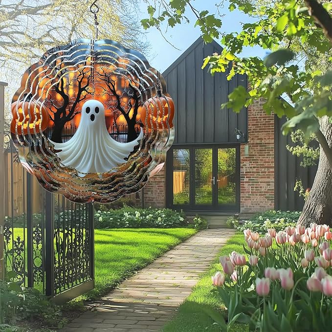 Halloween Ghost Wind Spinners Outdoor, Hanging Wind Spinner for Garden Decoration, 8 inch 3D Stainless Steel Metal Wind Sculpture for Indoor/Outdoor Decor