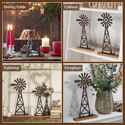Tandefio 2 Pcs Farmhouse Windmill Table Top Decor 11.8 Inch Metal Rusted Vintage Desk and Shelf, Decorative Farmhouse Kitchen Rustic Windmill Rustic Home Decorations