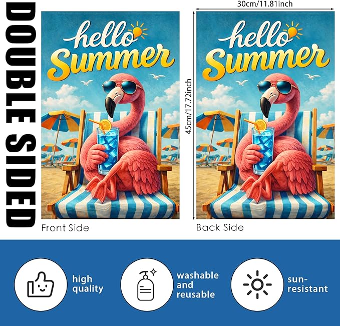 Nuxovilar Summer Garden Flag Hello Summer Flamingo Sunglasses Beach Pattern Polyester 12x18 Inches Garden Flags for Outside Coastal Decor Yard Porch Patio