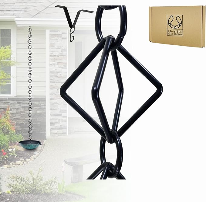 U-nitt Rain Chain Water Collection for Gutters Rainwater Catcher & Diverter, 8.5 FT Chains for Outside Garden, Black Diamond Link, Roof Downspout, Works with Heavy Rain, w/ Gutter Clip for Rainchains