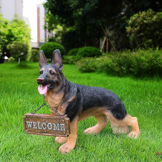 German Shepherd Garden Statue with Solar Lantern, Realistic Dog Sculpture for Yard Art, Birthday Gift for Women Mom Grandma, Housewarming Gift for New Home, Outdoor Resin Puppy Figurine