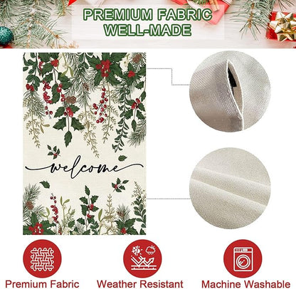 Baccessor Christmas House Flag 28x40 Inch Double Sided Poinsettia Holly Red Berries Floral Welcome Winter Lage Garden Flag Farmhouse Vintage Outside Outdoor Yard Holiday Decoration