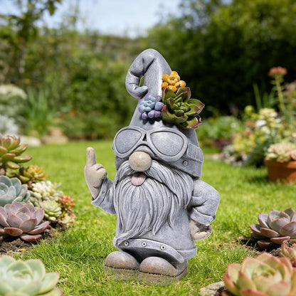basen Funny Garden Gnome Statue, Resin Outdoor Lawn Yard Decor, Cool Sunglasses Gnome Figurine with Succulent Hat Accent, Weatherproof Patio Porch Backyard Decoration, Unique Gift Idea
