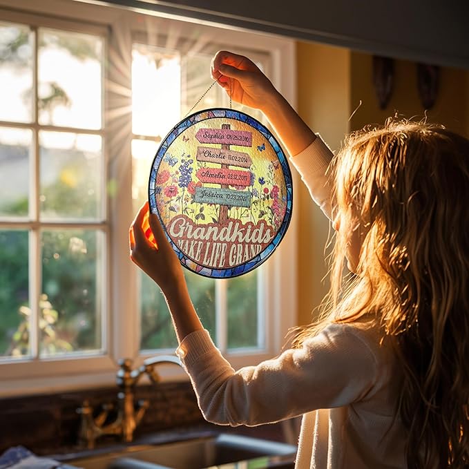 NAZENTI Custom Stained Glass Window Hanging Suncatcher with Kids Name, Gifts for Gigi, Mother's Day, Grandma Flower Garden Grandkids Names Sign Personalized, Grandma Gifts from Grandkids