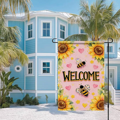 IVN Spring Summer Garden Flag 12x18 Inch – Welcome Sunflower Bee Outdoor Flag, Double Sided Burlap Farmhouse Yard Flag for Porch Lawn Patio Seasonal Home Decor