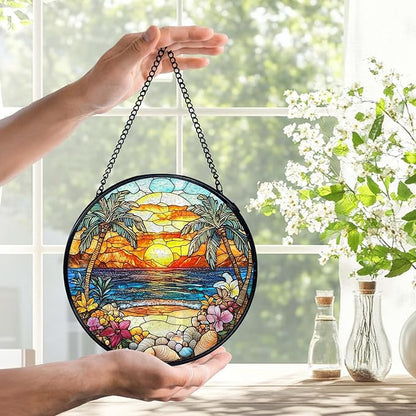 Tropical Beach Suncatchers Stained Glass Window Hanging, Coastal Ocean Sun Catchers Indoor Window Glass Round Wall Decor, Coastal Seascape Beach Wall Hanging Decorations, 7.9x7.9in