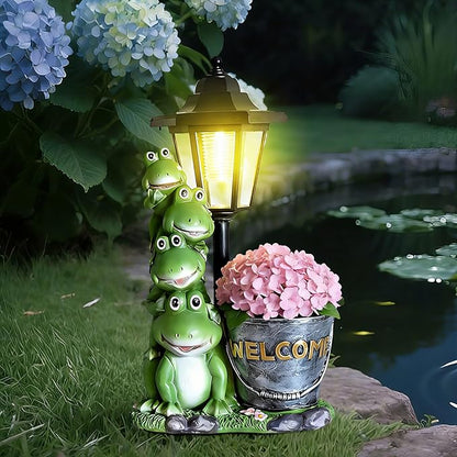 Solar Frog Statue for Outdoor Garden Decor, 13.4 Inch Outside Frog Family Ornaments with Lantern and Flowerpot for Garden, Balcony, Patio, Yard, Lawn -Birthday Gifts for Women Grandparents