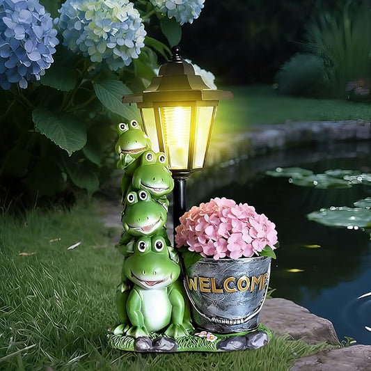 Solar Frog Statue for Outdoor Garden Decor, 13.4 Inch Outside Frog Family Ornaments with Lantern and Flowerpot for Garden, Balcony, Patio, Yard, Lawn -Birthday Gifts for Women Grandparents