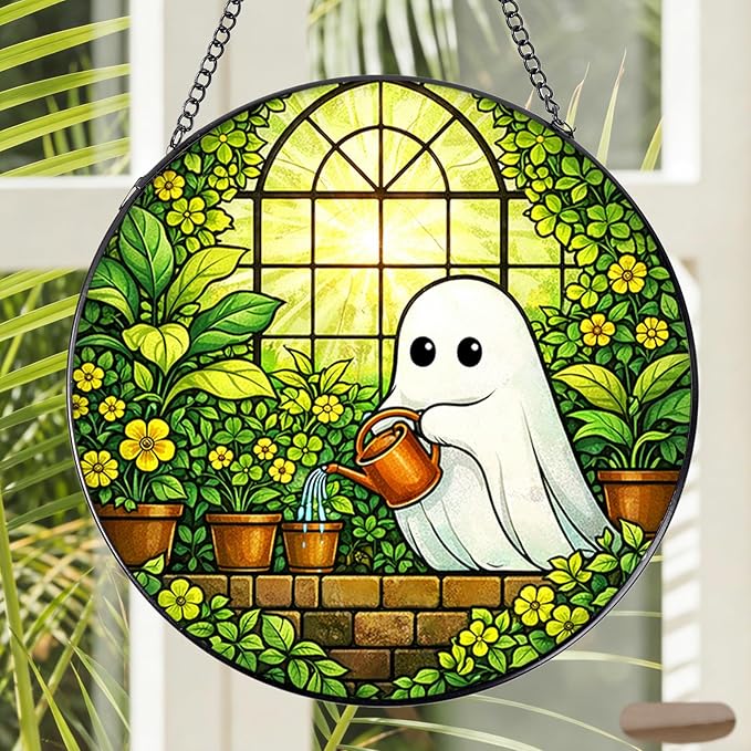 Rngmsi Stained Glass Window Hanging, 7.8″ Ghost Sun Catchers Art Decor Indoor Window, Decorative Suncatchers Hanging Ornaments Home Garden Gift for Plant Lover Housewarming