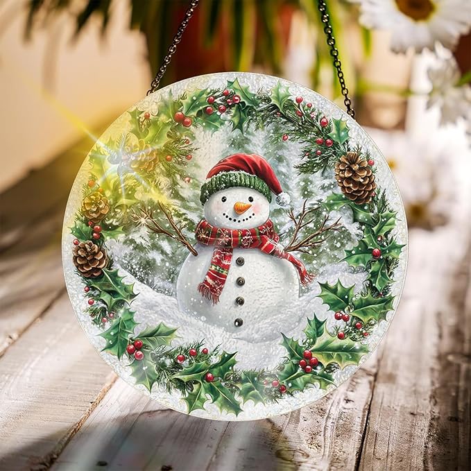 Bimkole Snowman Stained Glass Suncatcher Window Hanging - Christmas Indoor Window or Doorway Decoration - Handmade Sun Catcher Decor for Garden Home Christmas & Birthday Gifts 7.87x7.87 inch