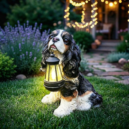 Cavalier King Charles Spaniel Dog Garden Statue with Solar Lantern, Interchangeable Welcome & On Patrol Signs, Resin Puppy Outdoor Decor Sculpture Lawn Ornament for Patio Yard Porch Gifts