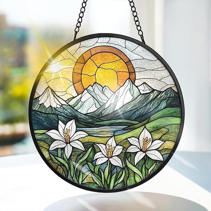 Bimkole Sun Mountain Stained Glass Suncatcher Window Hanging - Flowers Indoor Window or Doorway Decoration - Handmade Sun Catcher Decor for Garden Home Christmas & Birthday Gifts 7.87x7.87 Inch