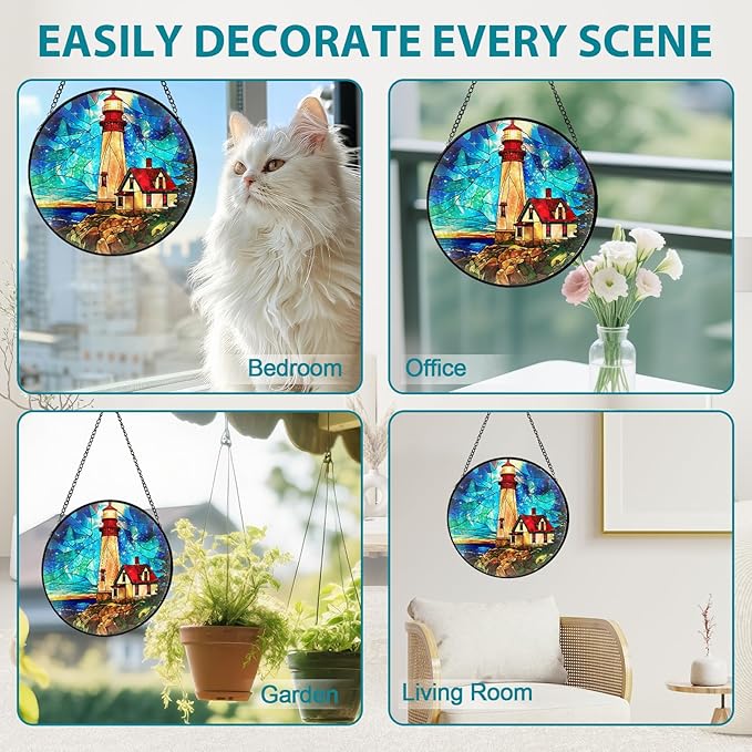 Lighthouse Stained Glass Window Hanging, Suncatcher Diamond Glass Panel Hangings, Suncatchers Indoor Windows Wall Art Decor, Gift for Mom Grandma, Christmas Decor for Home Office Garden 7.87 inches