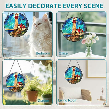 Lighthouse Stained Glass Window Hanging, Suncatcher Diamond Glass Panel Hangings, Suncatchers Indoor Windows Wall Art Decor, Gift for Mom Grandma, Christmas Decor for Home Office Garden 7.87 inches