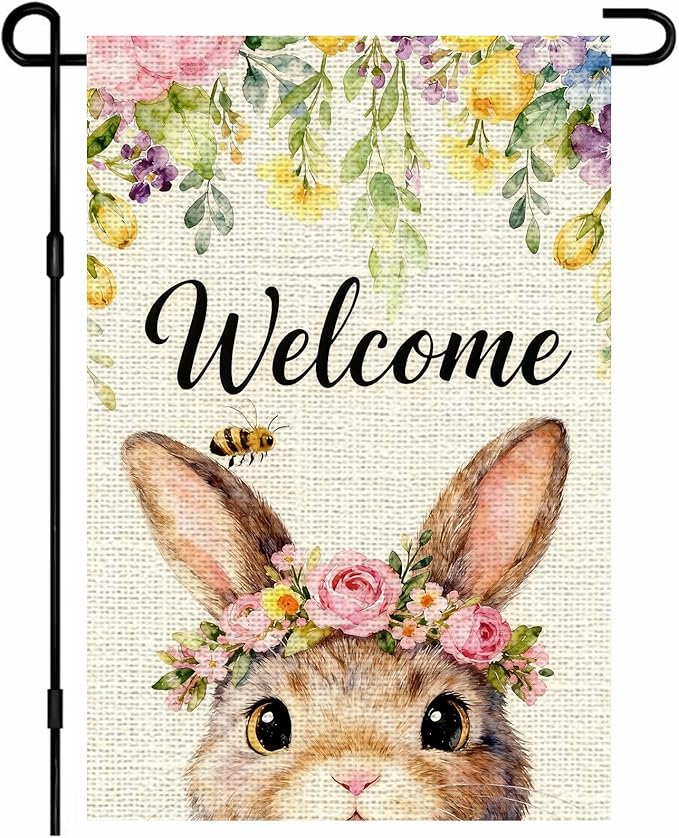 IVN Easter Bunny Garden Flag 12x18 Welcome Cute Bunny Face Floral Crown Roses Spring Flowers Bee Watercolor Double Sided Yard House Flag Seasonal Outdoor Decoration for Outside Home Front Door Lawn Porch Patio Welcome Spring Decor