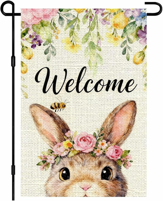 IVN Easter Bunny Garden Flag 12x18 Welcome Cute Bunny Face Floral Crown Roses Spring Flowers Bee Watercolor Double Sided Yard House Flag Seasonal Outdoor Decoration for Outside Home Front Door Lawn Porch Patio Welcome Spring Decor