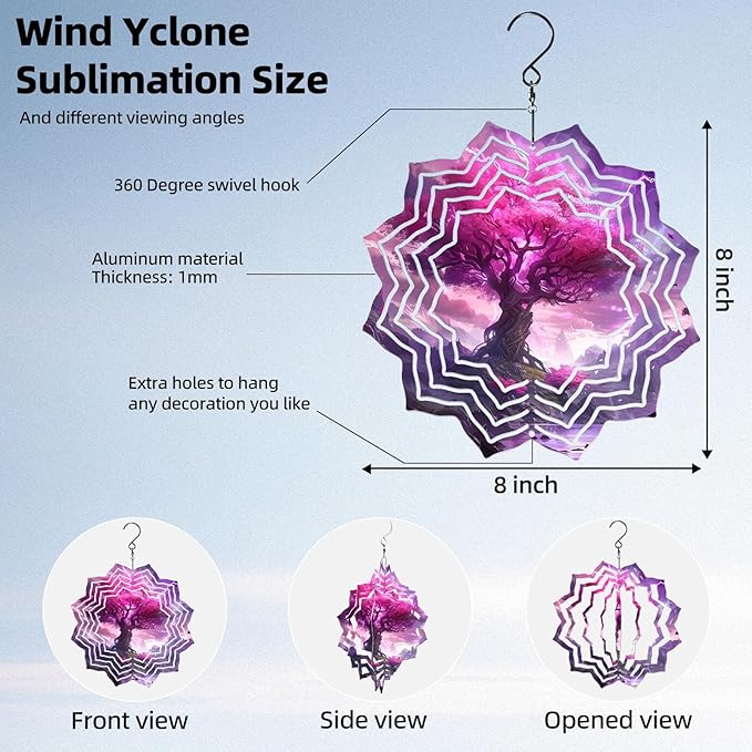 8 Inch Sublimation Wind Spinner, 3D Aluminum Metal Wind Spinner with Hook, Indoor Yard Garden Hanging Decoration, Weather Resistant Rotating Spiral Ornament, Purple Magic Tree