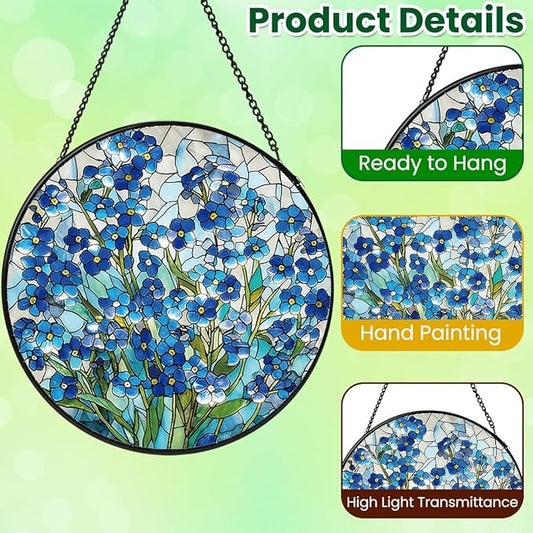 Stained Glass Window Hanging, Forget Me Not Flower Stained Glass Suncatcher, Window Decor Forget Me Not Plant Lover Gift for Women, Couples, Best Friend, Family, Colleague, Classmate 7.8 Inch