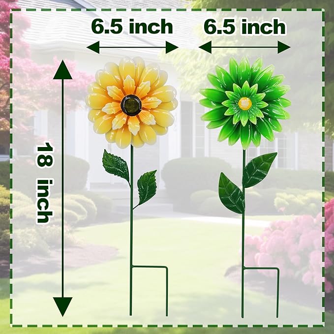 Metal Retro Flower Wind Spinner Art, Guangxie Yard Decorations Outdoor - 2 Pack for Outdoor, Patio, Backyard and Flower Bed Spring Decor (Yellow & Green)