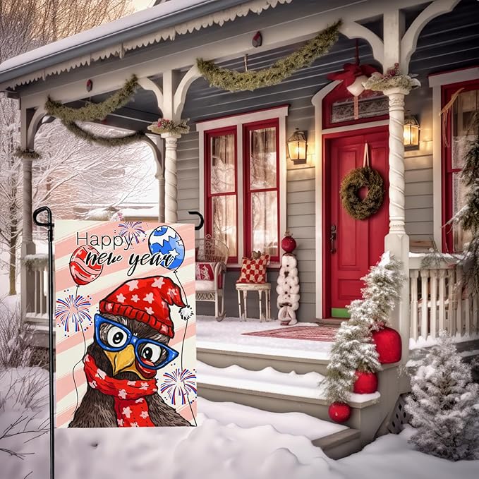 Happy New Year Chicken Garden Flag Funny Rooster with Glasses Balloons & Fireworks Yard Flags Holiday Cute Cock House Banners Decoration for Outdoor Lawn or Porch 12x18 Inch