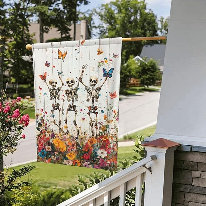 Skeleton Skull Wildflower Garden Flags 12×18 Inch Funny Double Sided Decorative Yard Banner Seasonal Flag for Outdoor Outside Decor