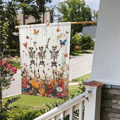 Skeleton Skull Wildflower Garden Flags 12×18 Inch Funny Double Sided Decorative Yard Banner Seasonal Flag for Outdoor Outside Decor