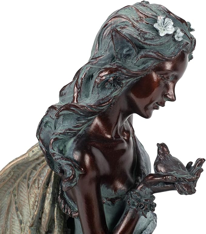 Napco Imports Weathered Bronzetone Sitting Fairy with Bird 12 x 19 Resin Stone Outdoor Garden Statue