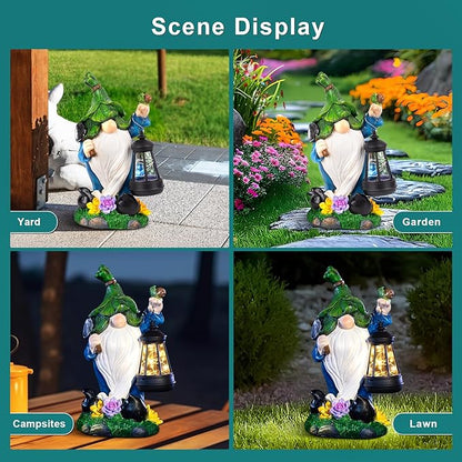 ZQQLITE Solar Garden Gnome Statue – Outdoor Decorations Funny Leprechaun Figurine with LED Lantern Waterproof Resin Leaf Hat Dwarf Sculpture for Patio Lawn Yard Art and Housewarming Gift