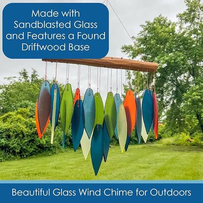 Blue Handworks Atlantic Coast Glass Chime, Sandblasted Glass and Found Wood Handcrafted Wind Chime