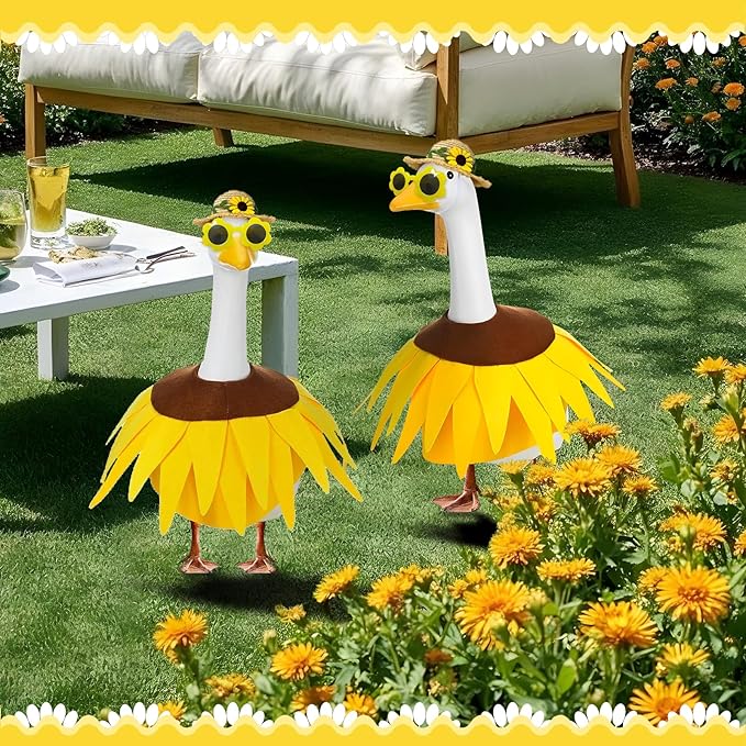 MASU&FHWE Sunflower Goose Outfit Spring Costume Set, Dress with Straw Hat and Sunglasses for 23" Cement Goose Statue, Outdoor Garden Yard Patio Lawn Decor